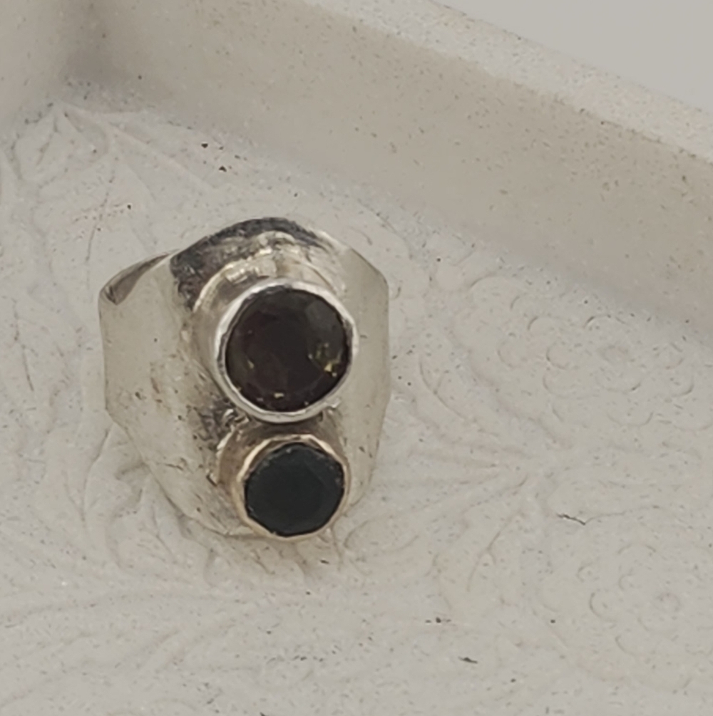CITRINE & SMOKY QUARTZ DOUBLE GEM RING HANDMADE IN STERLING SILVER Size 9